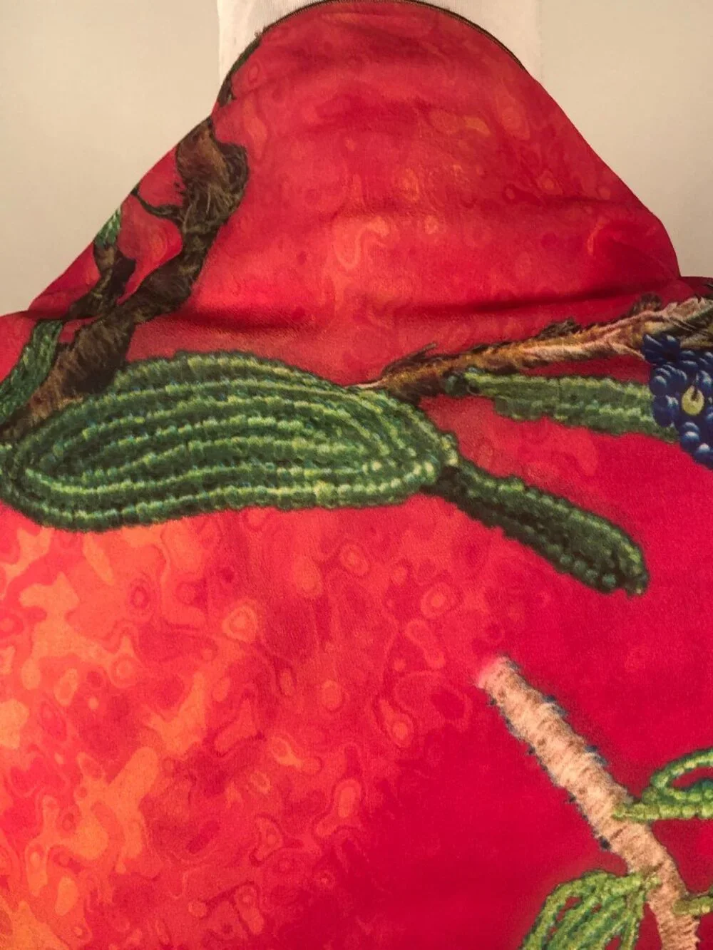 Vintage Signed Wearable Art Chiffon Scarf – Cherry Red Botanical Art Scarf